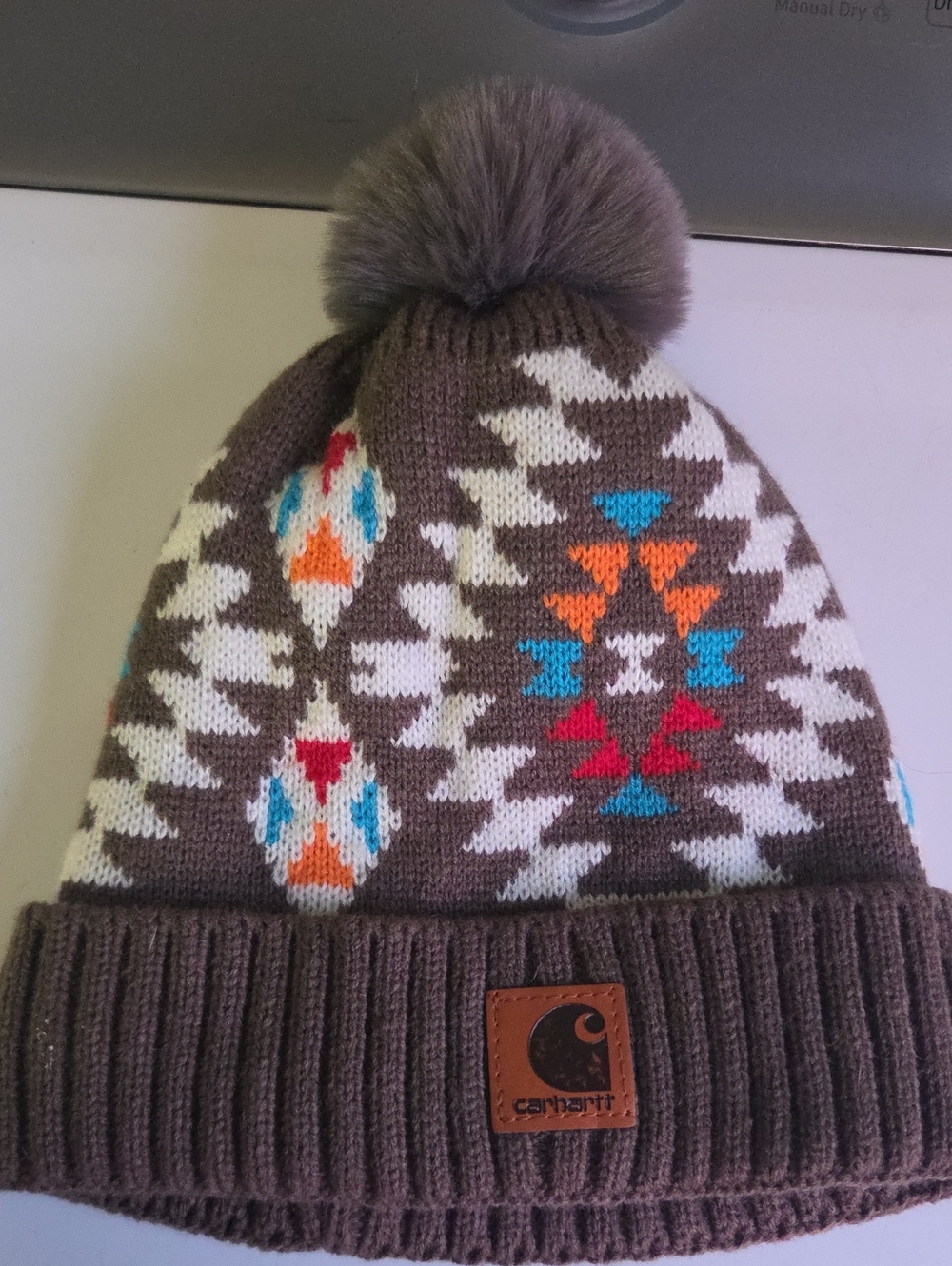Women's Carhartt Knit Fleece Lined Beanie Pom Aztec Style